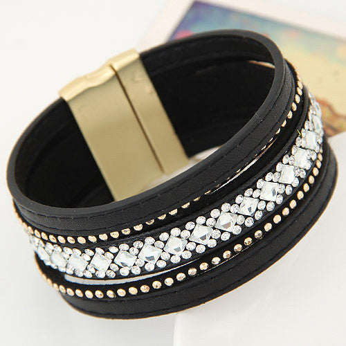 Bohemian Handmade Full Stone Shining Layer Leather Bracelets Bangles for Women Magnetic Wristband brazaletes pulseras mujer