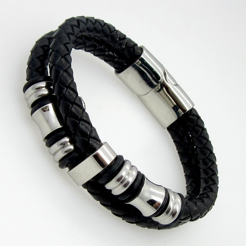 Classical Double Layer Handmade Genuine Leather Weaved Man Bracelets Fashion New Magnet Clasp Good Steel Wristband