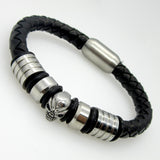 Men Jewelry Pirate Style Silver Genuine Leather Skull Bracelets Magnet Wholesale Cuff Braided Wrap Black