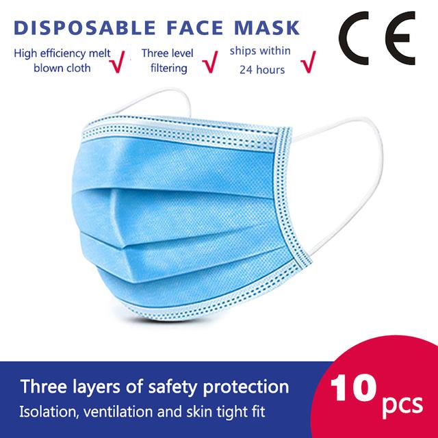 10 Pcs/bag High Quality 3 Layers Disposable Face Masks Anti-Dust Meltblown Cloth Masks Protection Face Mask Protective Dust Filter Safety Mask