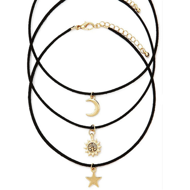 3 Pcs Sets Star Moon Sun Chokers Necklaces Alloy Pendants Maxi Necklaces For Unisex Hot-selling Necklace Sets