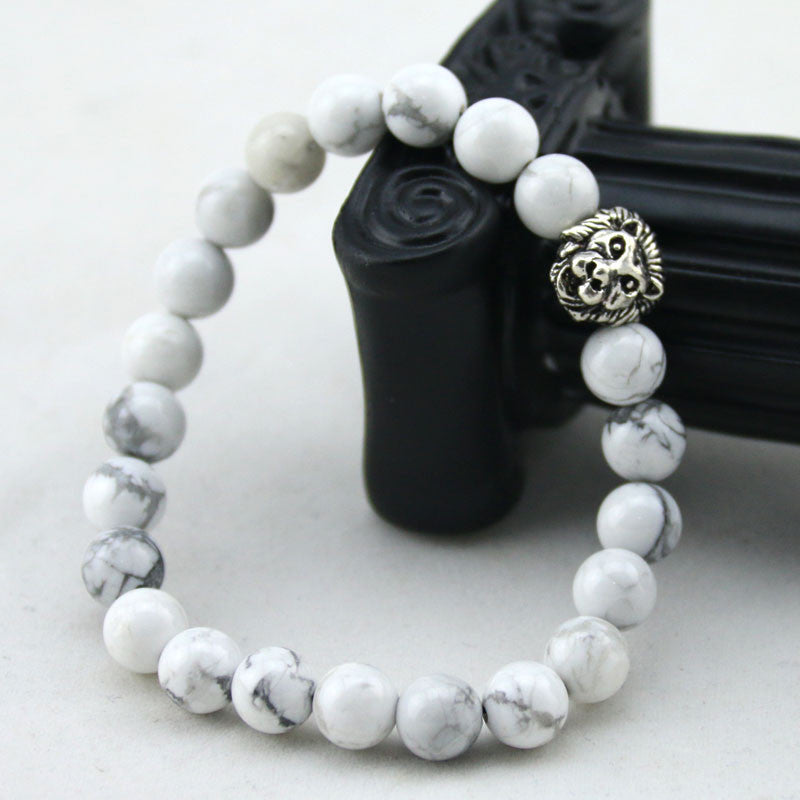 Natural White Turquoise Stone Beads Bracelet for Women,Antique Silver and Gold Lion Head Bracelets, High Grade Mens Jewelry