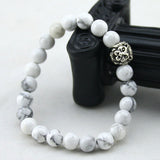 Natural White Turquoise Stone Beads Bracelet for Women,Antique Silver and Gold Lion Head Bracelets, High Grade Mens Jewelry