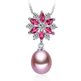 Fashion 9-10mm big size pearl necklace Elegant925 sterling silver red pendant necklace for women