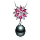 Fashion 9-10mm big size pearl necklace Elegant925 sterling silver red pendant necklace for women