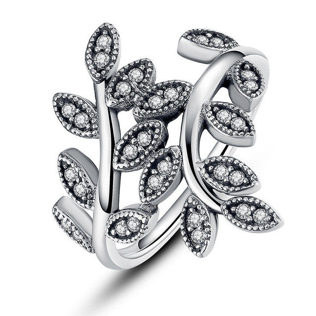 Fashion 925 Sterling Silver Sparkling LEAVES SILVER RING WITH CUBIC ZIRCONIA for Women Original Jewelry