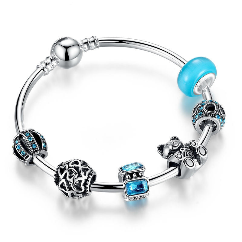 Fashion 925 Silver Charm Bangle with Bear Animal & Open Your Heart Charm Bracelet Blue Glass Ball Friendship Bracelet
