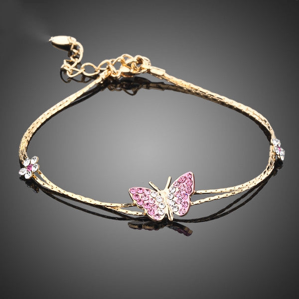 Gold Plated Stellux Austrian Crystal Butterfly and Flower Charm Bracelet