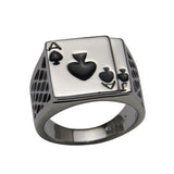 Classic Cool Men's Jewelry Chunky 18K White Gold Plated Black Enamel Spades Poker Ring Men