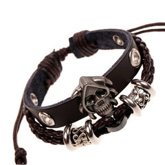 Antique Alloy Gothic Skull Studded Charm Bracelets Black Leather Braided Multilayer Cuff Bangle & Bracelet For Women Men Jewelry