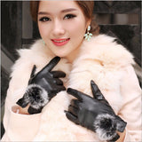 Beautiful Ribbit Fur Ball Leather Gloves for Winter Gloves Brand Mitten luvas Women Gloves female gloves