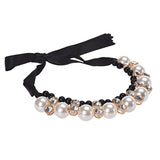 Diomedes Women Double Row Adjustable Band Ribbon Beads Rhinestone Necklace Imitation Pearl Chokers Necklaces Gift