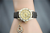 Fashion Wristwatch Swan Pendant Quartz Watch Crystal hours gold Leather Strap Rhinestone watches