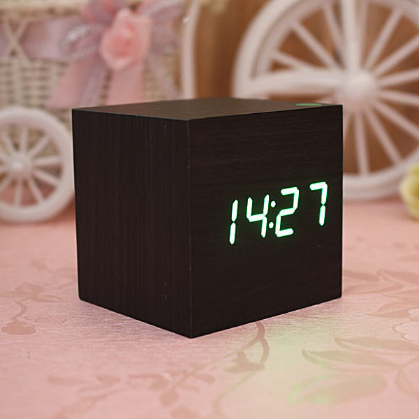 Black Wood Square Green LED Alarm Digital Desk Clock Wooden Thermometer