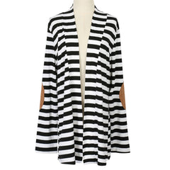 Black and White Striped Elbow Patching PU Leather Long Sleeve Knitted Cardigan Fall Slim Spring Autumn Women Sweater