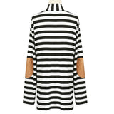 Black and White Striped Elbow Patching PU Leather Long Sleeve Knitted Cardigan Fall Slim Spring Autumn Women Sweater