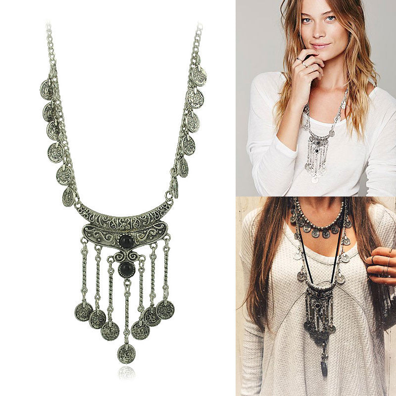 bohemian Jewelry Vintage Coin Long Pendant Necklace Antique Silver Chain Gypsy Tribal EthnicTurkish Statement women Boho Jewelry