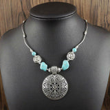 Bohemian Carved Tibetan Silver Turquoise Stone vintage choker necklace chain Jewelry Jewellery Bijouterie for Women Girl's