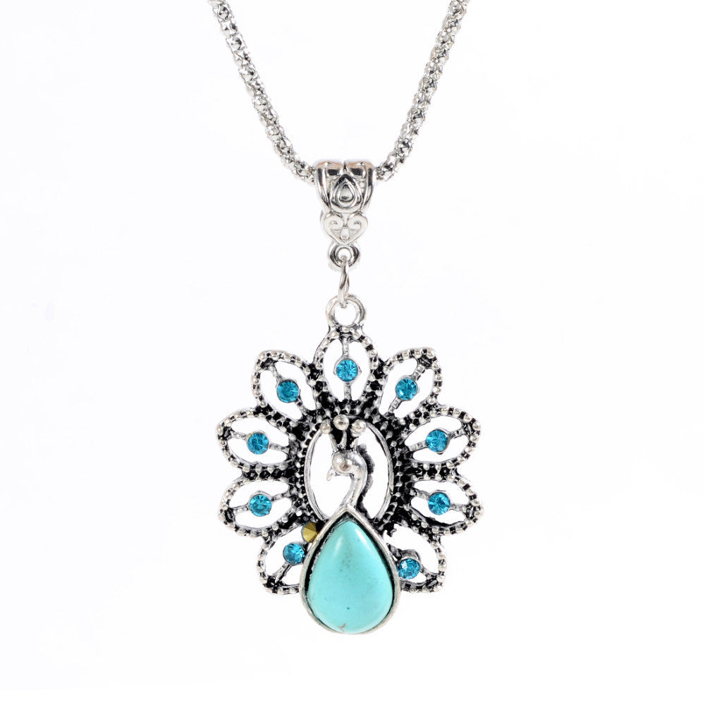 Bohemian Style Womens Jewelry Charming peacock Pendant Pretty Turquoise Stone Necklace