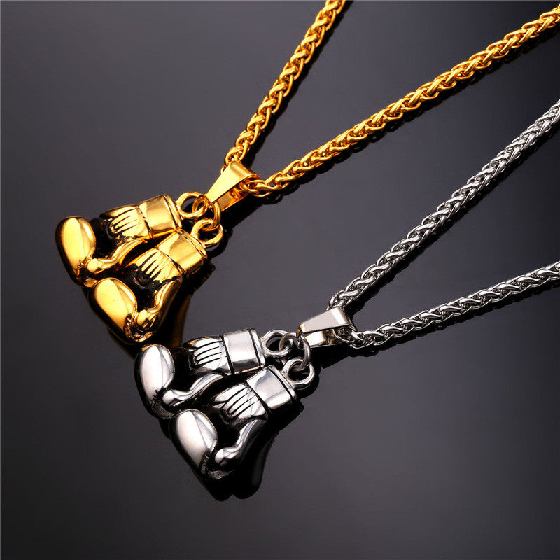 Golden Boxing Glove Pendant Charm Necklace Sport Jewelry 316L Stainless Steel Yellow Gold Plated Chain For Men