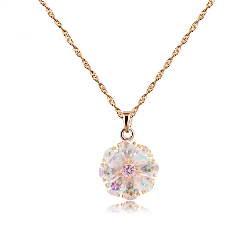 Brand New Arrival Shining Rainbow Flower Cubic Zircon Pendant Necklace for Women Girl's Jewelry Gift Champagne Gold Plated