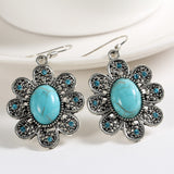 Brand designer New Fashion Simple Geometric flower blue gem Bohemia Retro big Turquoise earrings for women flower long earring