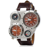 Fashion Oulm sports military Multi-Function Watch for Men with Black or Brown Round DIAL Dual Movt Leather strap
