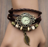 New Arrivals Genuine Leather Hand Knit Vintage Watches,bracelet Wristwatches Leaf Pendant