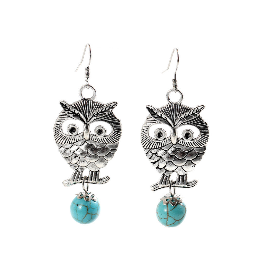 Charming Ethnic Tibetan Silver Oval Rimous Turquoise Earrings Crystal owl Drop Dangle Earring