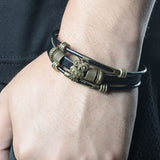 Cool Punk Hologram Men's Owl Bracelet with Charms Vintage Bronze Genuine Leather Male Bracelet for Women Men Wristband Jewelry