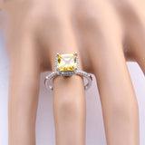 Luxury Princess Cut Yellow CZ Ring with Micro Paved Clear Zircon Platinum Plated Women Engagment Rings