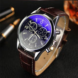 Delicate Fashion Brown Faux Leather Men Blue Glass Quartz Analog Watches Casual Cool Watch Men Watches