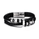 Double-deck Genuine Leather Bracelets & Bangles Brown Casual Style Wear Sets Men Jewelry Stainless Steel Wristband