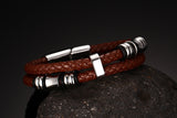 Double-deck Genuine Leather Bracelets & Bangles Brown Casual Style Wear Sets Men Jewelry Stainless Steel Wristband