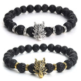 Gold/Silver Plated Wolf Head Bracelet Men Natural Black Lava Volcanic Stone Beaded Bracelets Women 