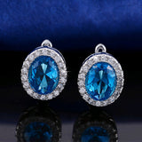 Fashion Platinum Plated Earring Stud with 3 ct Oval Cut Blue Zircon & Micro Paved Clear Zircon Women Earrings