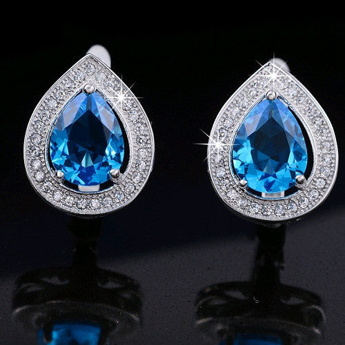 Effie Queen Luxury Water Drop Blue Zircon Earring Stud Platinum Plated with Micro Paved Clear CZ Fashion Jewelry