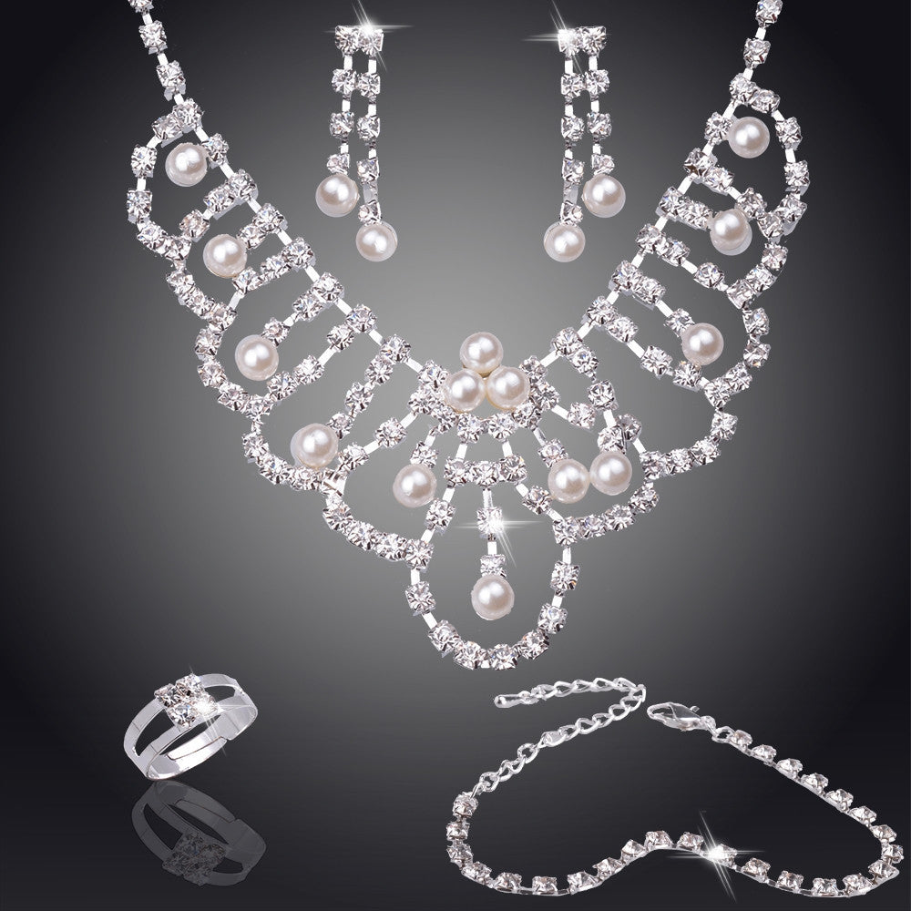 Elegant Pearl Shining Crystal 18K Silver Plated Austrian Crystal Bridal/Wedding Jewelry Sets For Women