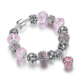 European Authentic Fine BEADS jewelry silver plated owl beads pink/white crystal Charm bracelets for women Original DIY Jewelry