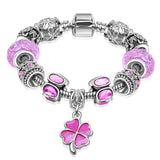 European Silver Plated Clover Charm Glass Bead Bracelet For Women With Safety Chain Authentic Strand Bracelet Bijoux Gift