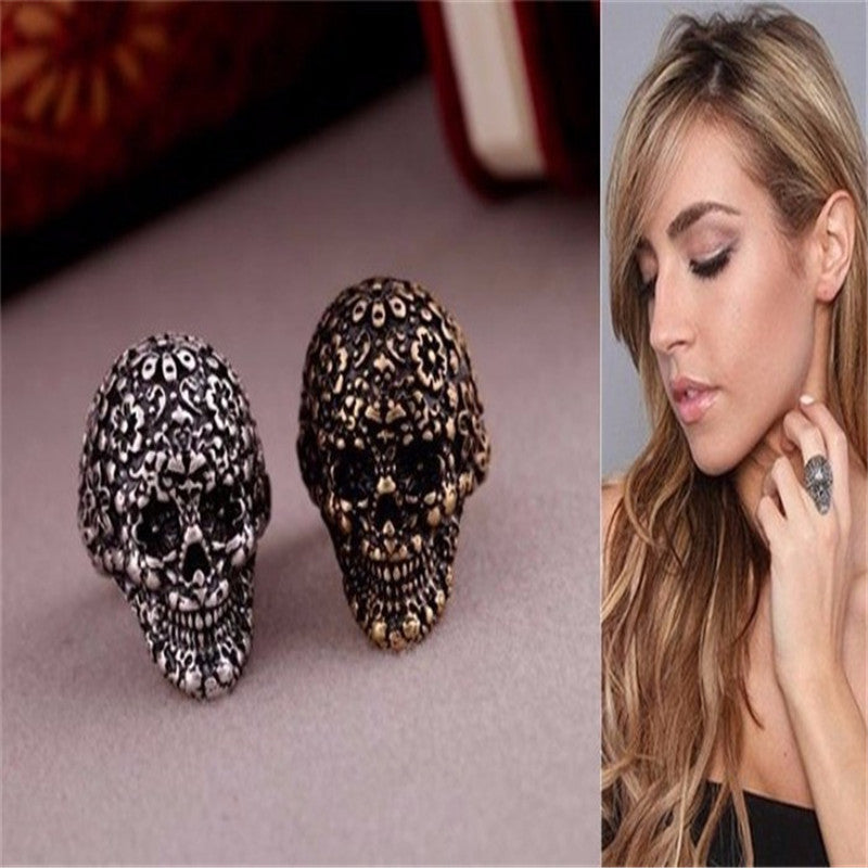 European And American Top Popular Alloy Vintage Retro Palace Carved Skull Ring Jewelry
