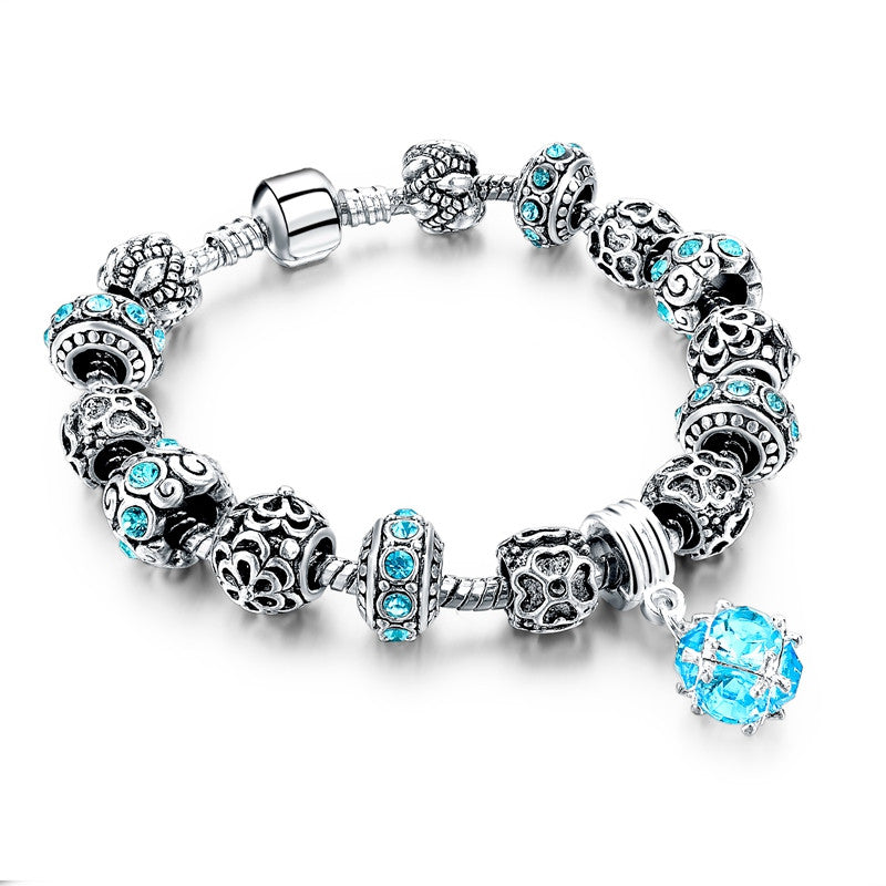 European Style Authentic Tibetan Silver Blue Crystal Charm Bracelets for Women Original DIY Jewelry Christmas Gift