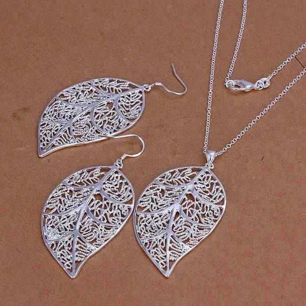 Silver plated leaf jewelry sets necklace bracelet bangle earring ring