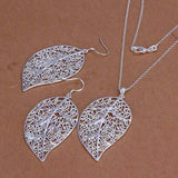 silver plated leaf jewelry sets necklace bracelet bangle earring ring