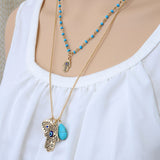 Fashion 2 Layers Blue Beads Hand Chain Necklace Multi-Layer women Gold Plated Charms Pendant Necklace