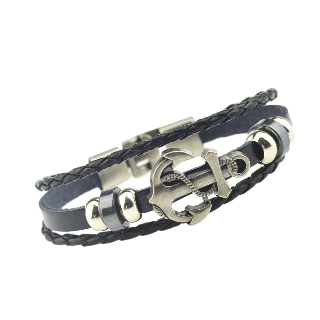 Fashion Alloy Anchor Leather Bracelets Black Charm Bracelets & Bangles for Women Men Jewerly Accessory
