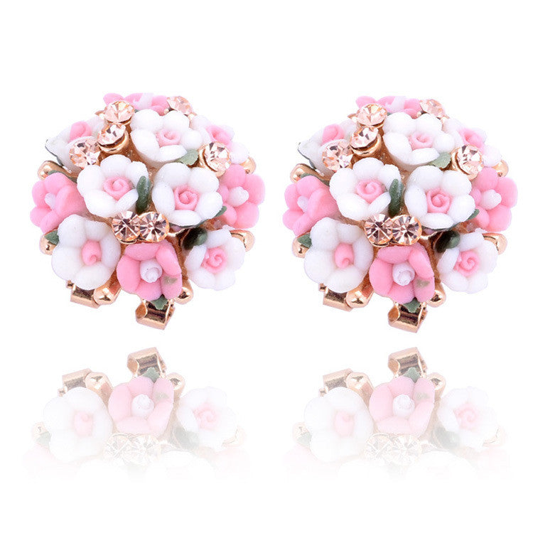Fashion Brand Jewelry Bohemian Pink Clay&Rhinestone Flower Ear Stud Earrings For Women Summer Style Gold Filled Crystal Earrings