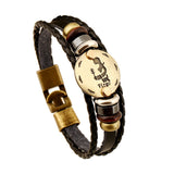 Fashion Bronze Alloy Buckles 12 Zodiac Signs Bracelet Punk Leather Bracelet Wooden Bead + Black Gallstone For Men Charm Jewelry