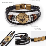 Fashion Bronze Alloy Buckles 12 Zodiac Signs Bracelet Punk Leather Bracelet Wooden Bead + Black Gallstone For Men Charm Jewelry