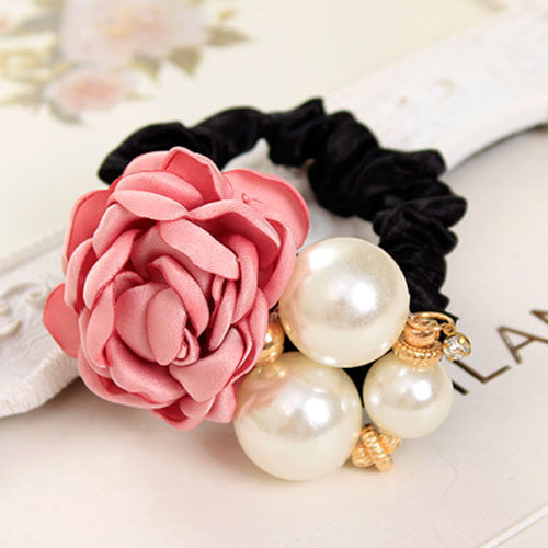 Fashion Pearl Flower Hair Bands for Women Girls Three Pearls Decor Elastic Ponytail Headband